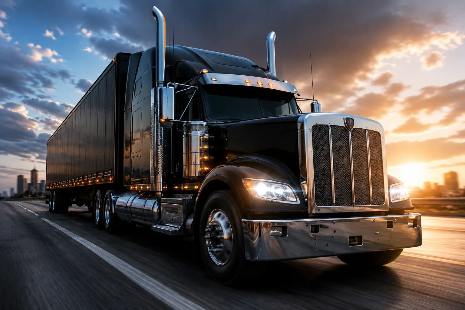A black freight truck moving along a highway at dusk